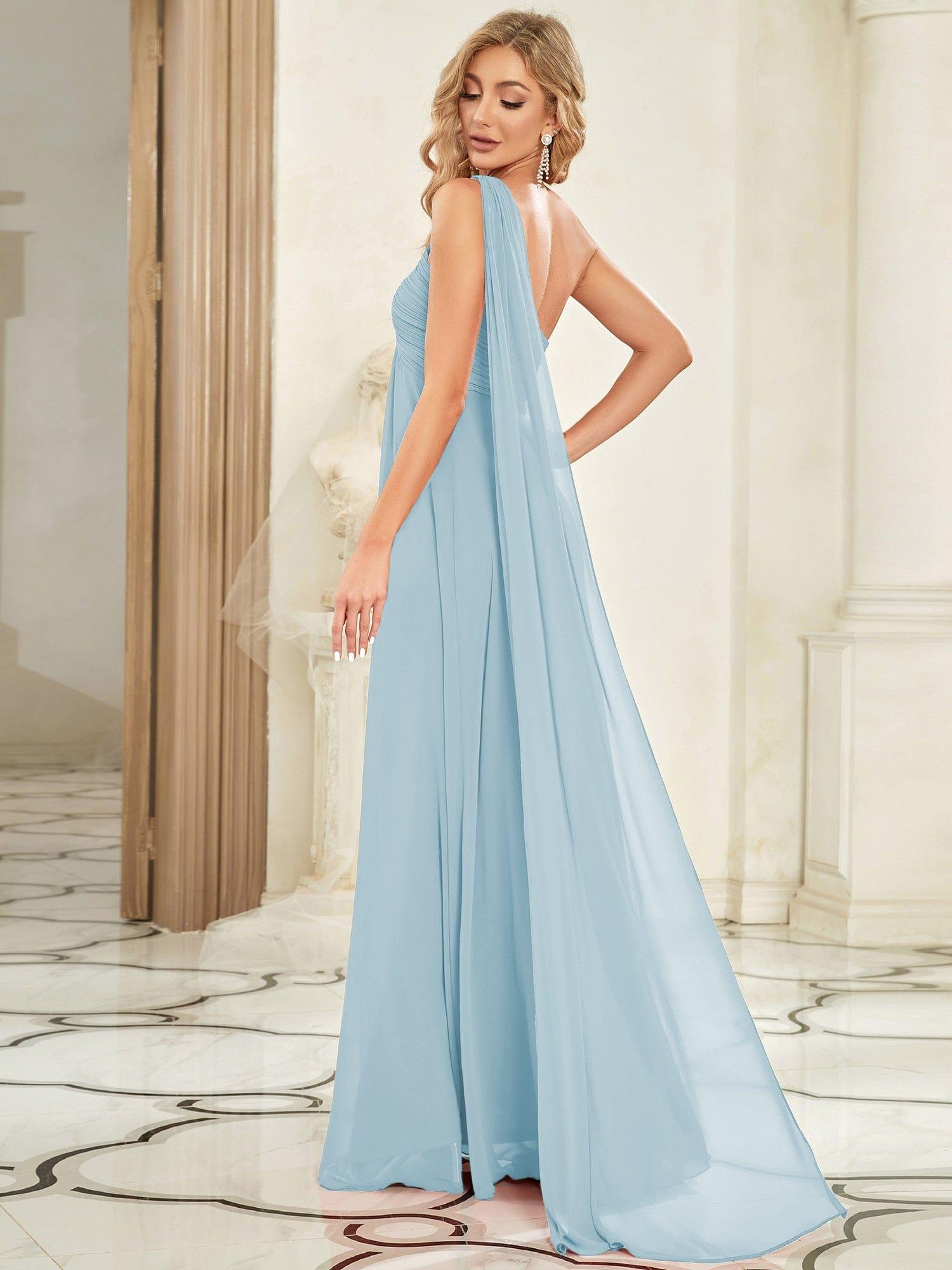 Custom Size Long Chiffon One Shoulder Evening Dresses #color_Sky Blue