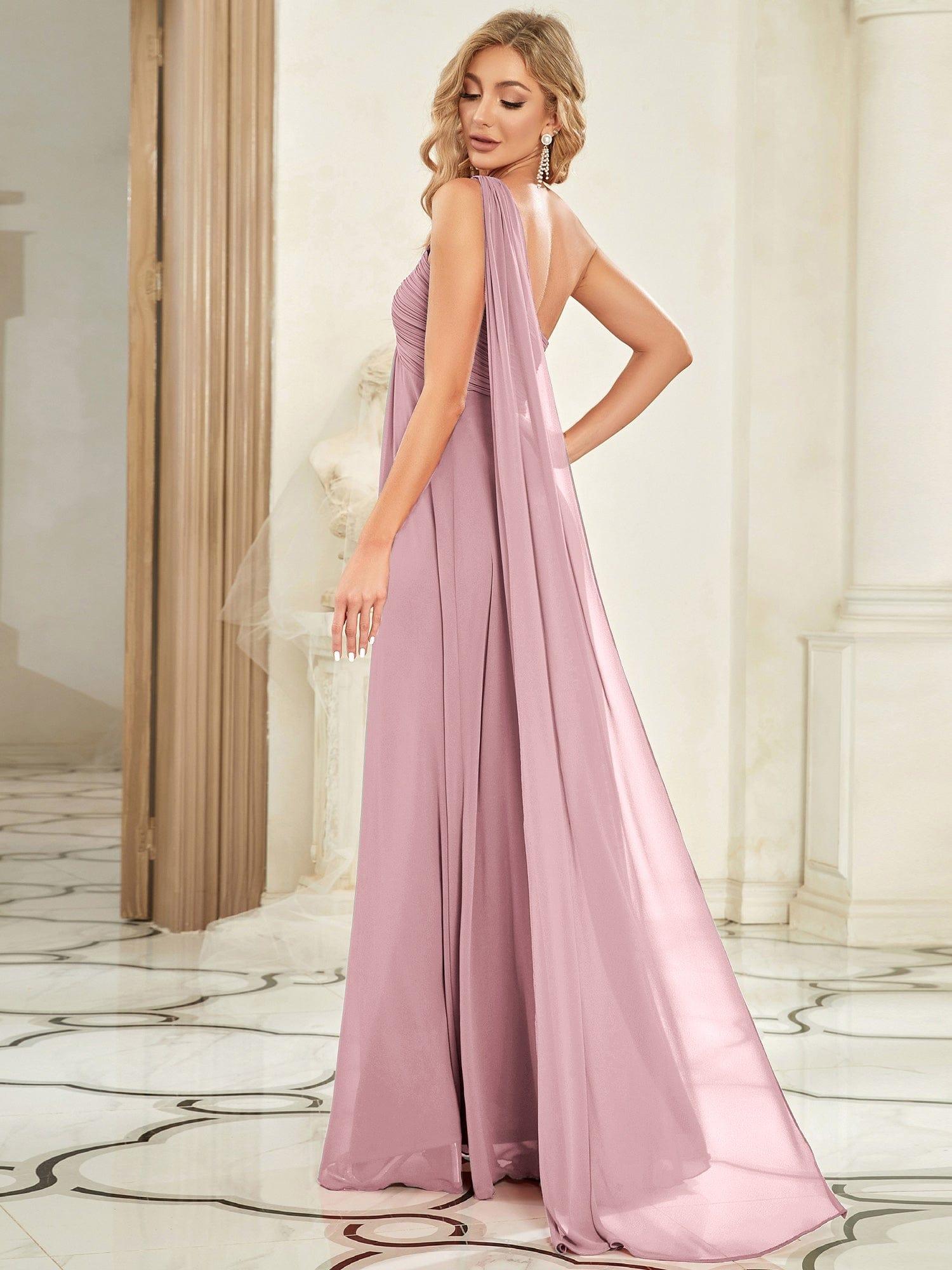 Custom Size Long Chiffon One Shoulder Evening Dresses #color_Dusty Rose