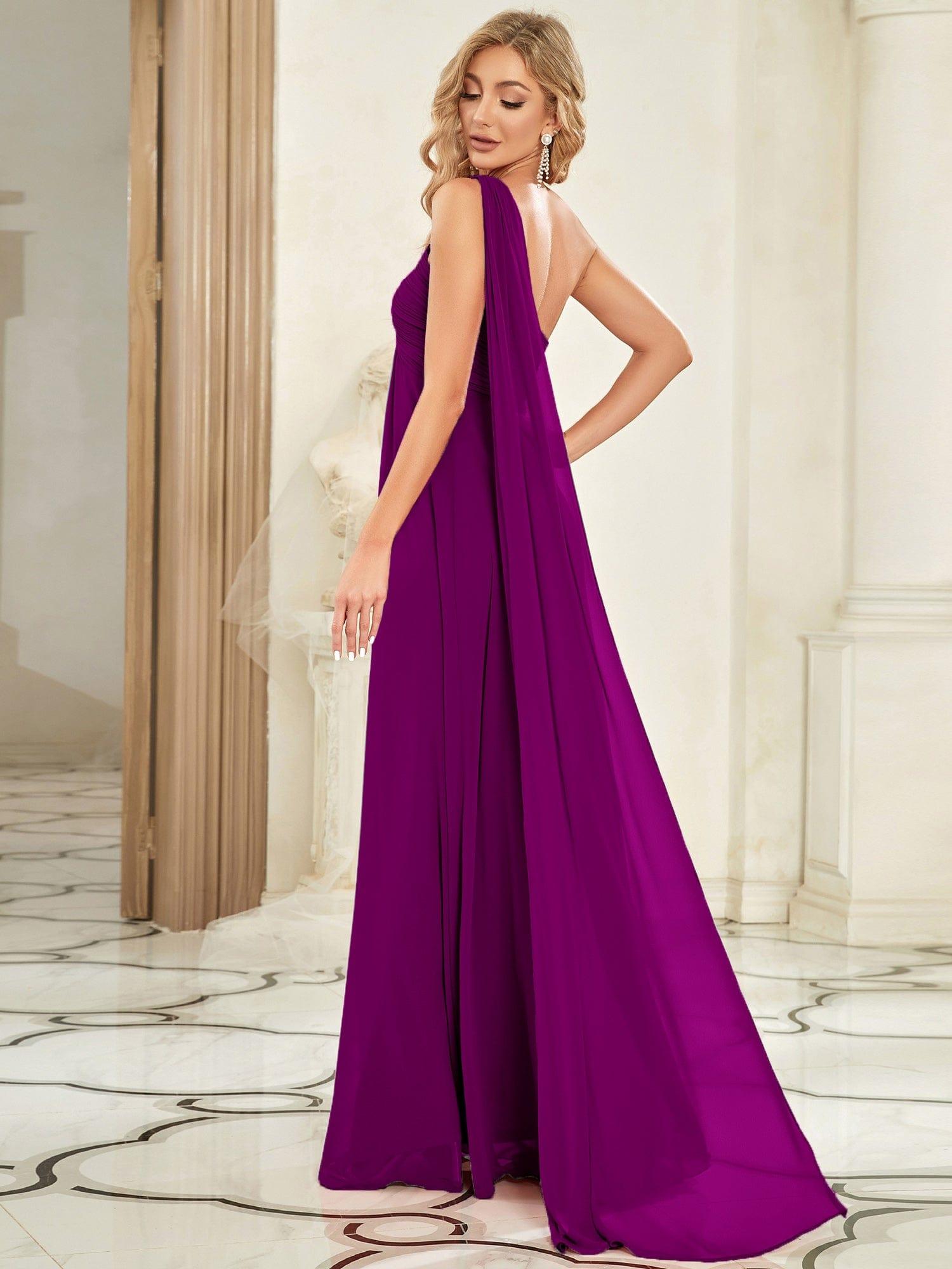 Custom Size Long Chiffon One Shoulder Evening Dresses #color_Fuchsia