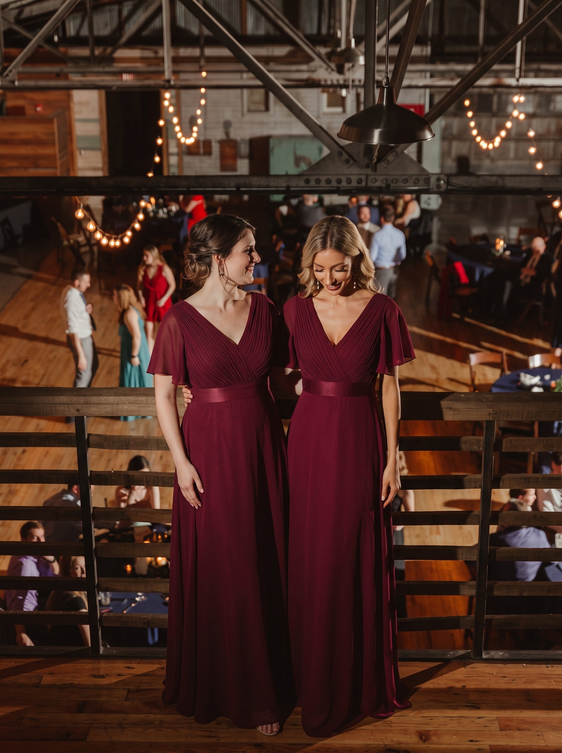 Long Empire Waist Bridesmaid Dress with Short Flutter Sleeves #color_Burgundy
