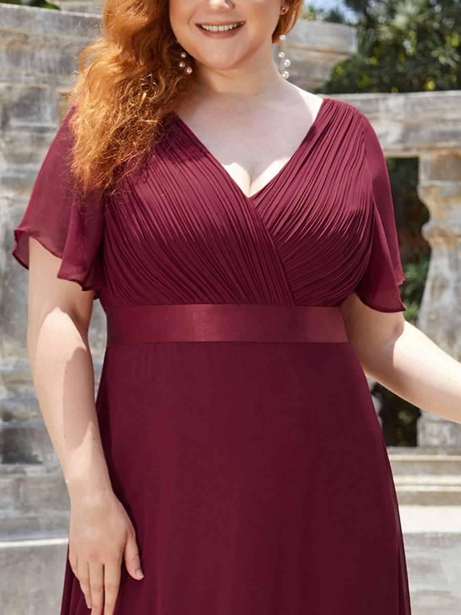 Long Empire Waist Bridesmaid Dress with Short Flutter Sleeves #color_Burgundy