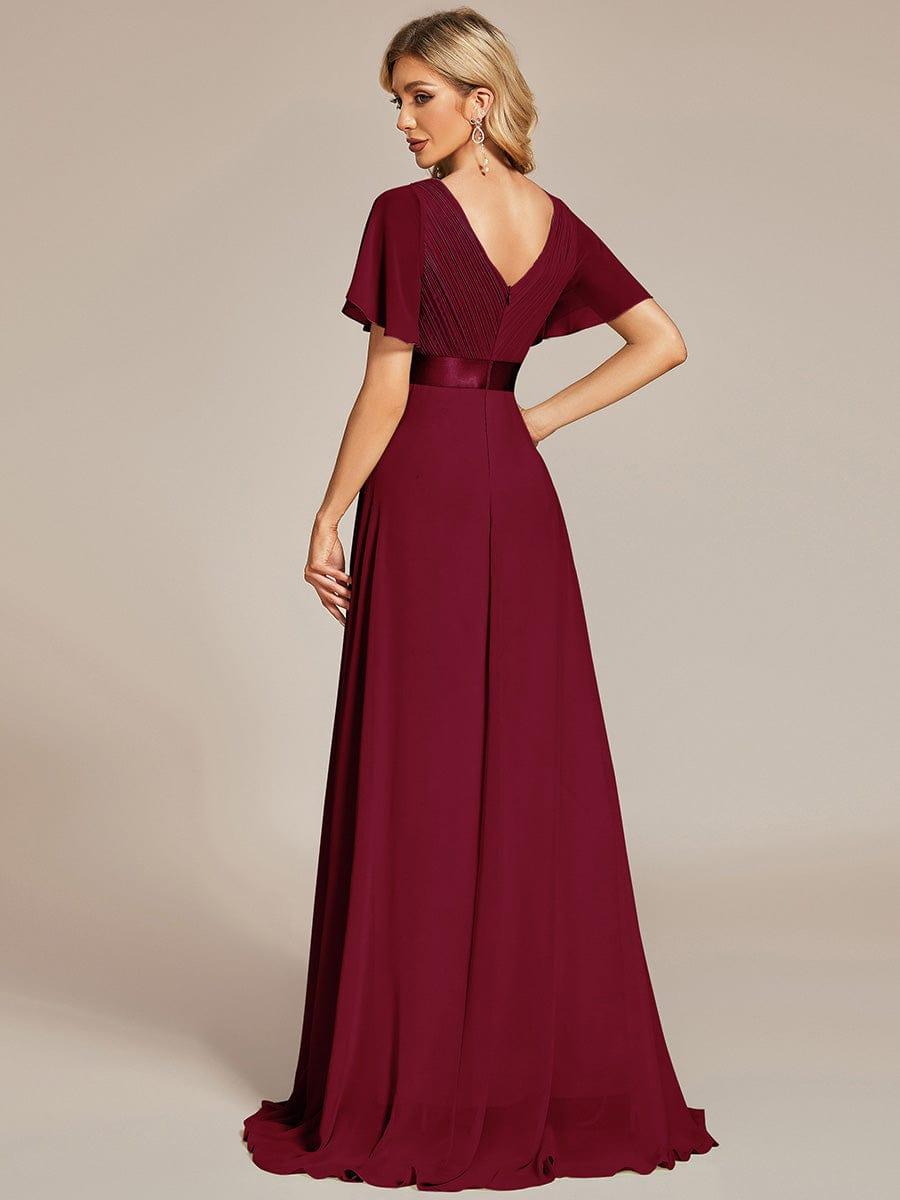 Long Empire Waist Bridesmaid Dress with Short Flutter Sleeves #color_Burgundy