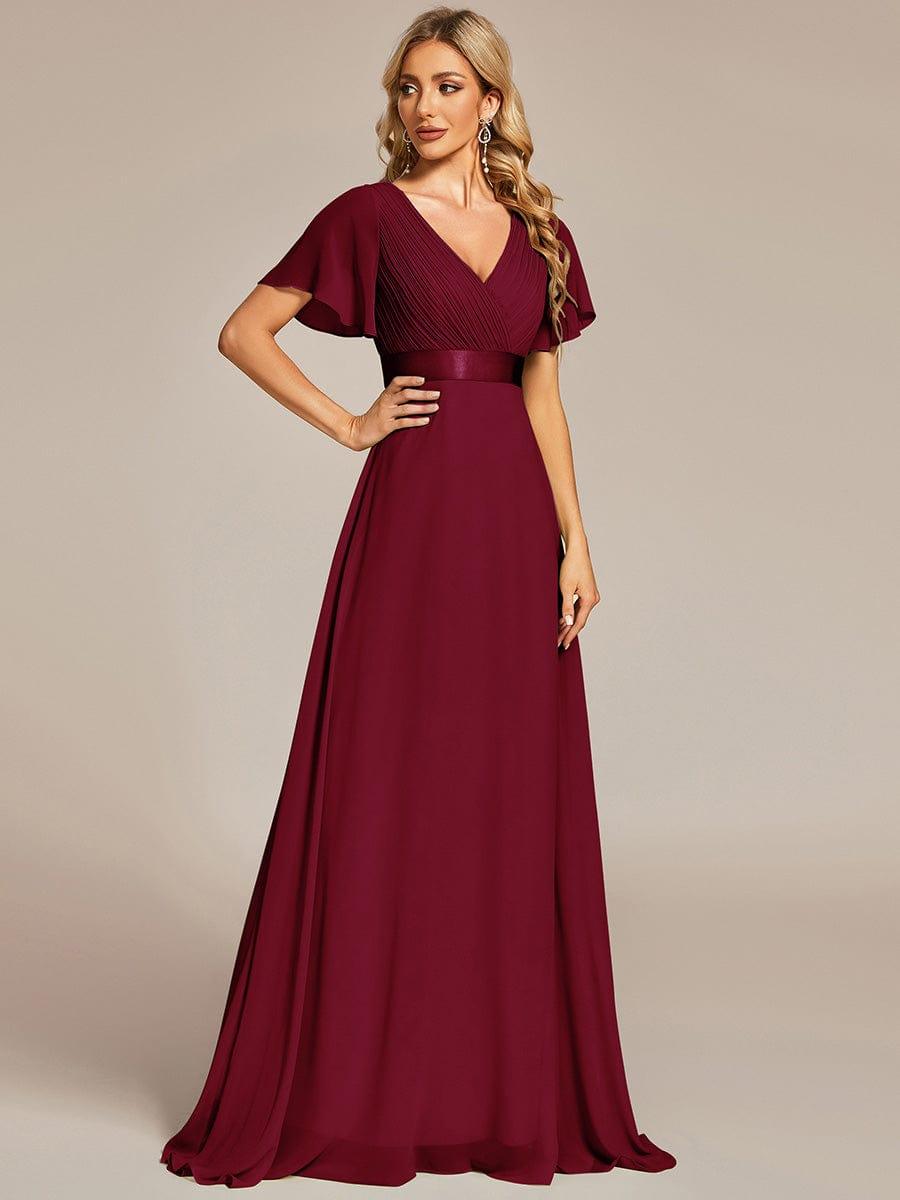 Long Empire Waist Bridesmaid Dress with Short Flutter Sleeves #color_Burgundy