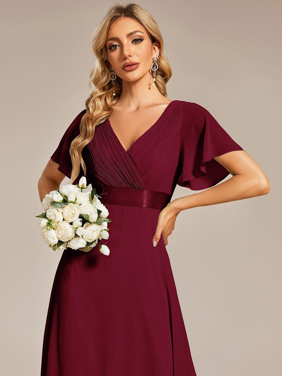 Empire Waist Floor Length Bridesmaid Dress with Short Flutter Sleeves #color_Burgundy