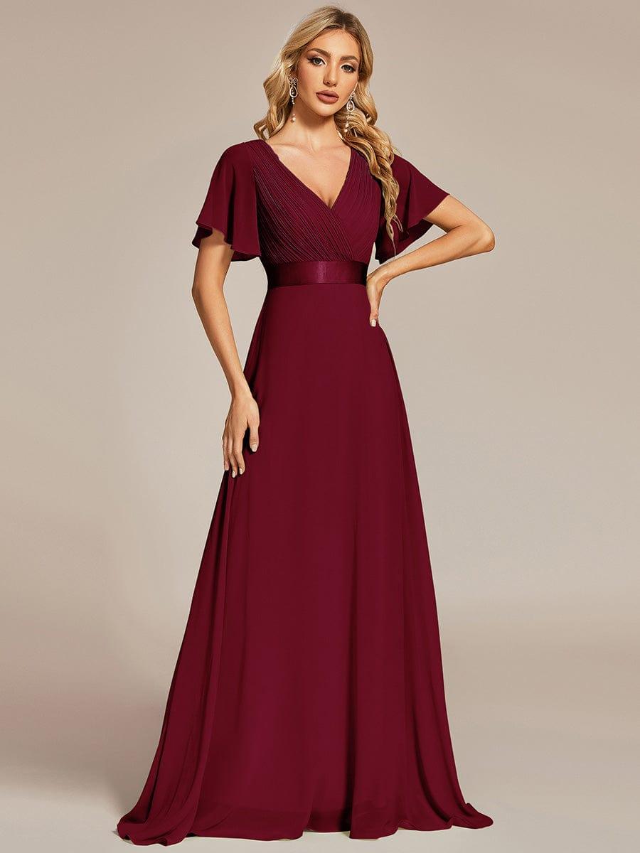 Long Empire Waist Bridesmaid Dress with Short Flutter Sleeves #color_Burgundy