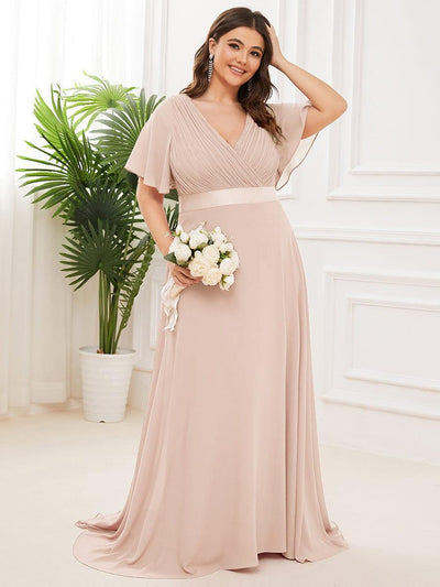 Plus Size Long Empire Waist Bridesmaid Dress with Short Flutter Sleeves #color_Blush