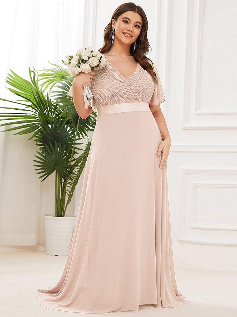 Long Empire Waist Bridesmaid Dress with Short Flutter Sleeves #color_Blush