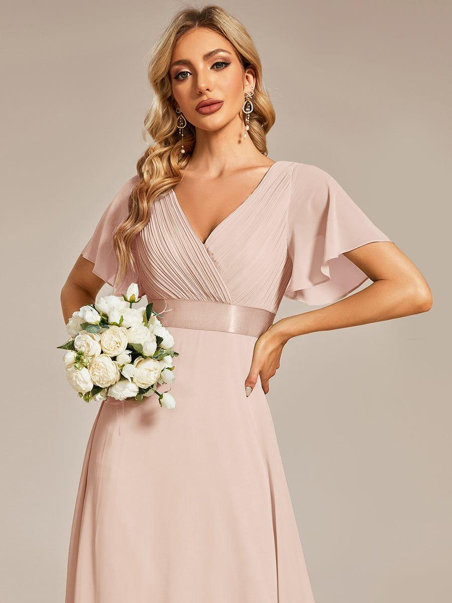 Long Empire Waist Bridesmaid Dress with Short Flutter Sleeves #color_Blush