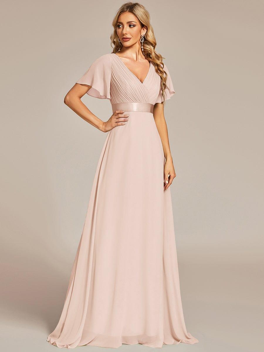 Long Empire Waist Bridesmaid Dress with Short Flutter Sleeves #color_Blush