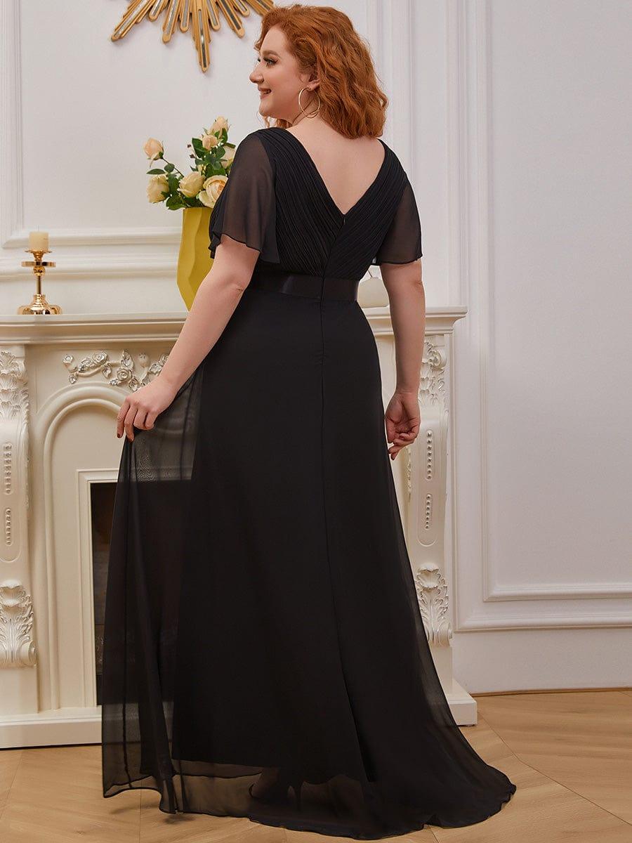 Long Empire Waist Bridesmaid Dress with Short Flutter Sleeves #color_Black