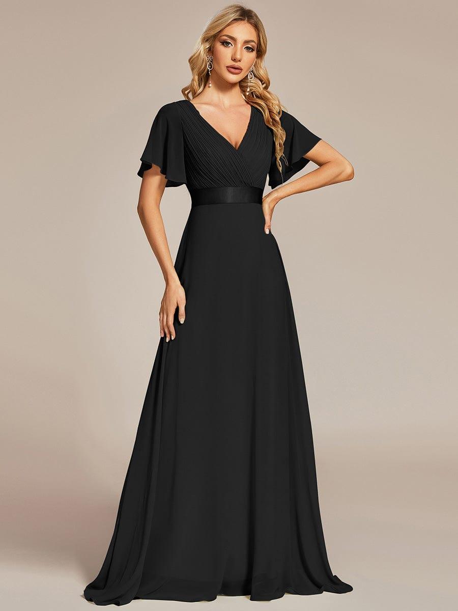Long Empire Waist Bridesmaid Dress with Short Flutter Sleeves #color_Black