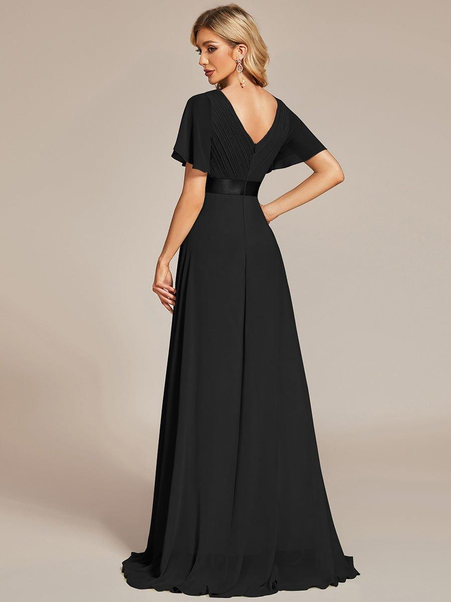 Long Empire Waist Bridesmaid Dress with Short Flutter Sleeves #color_Black