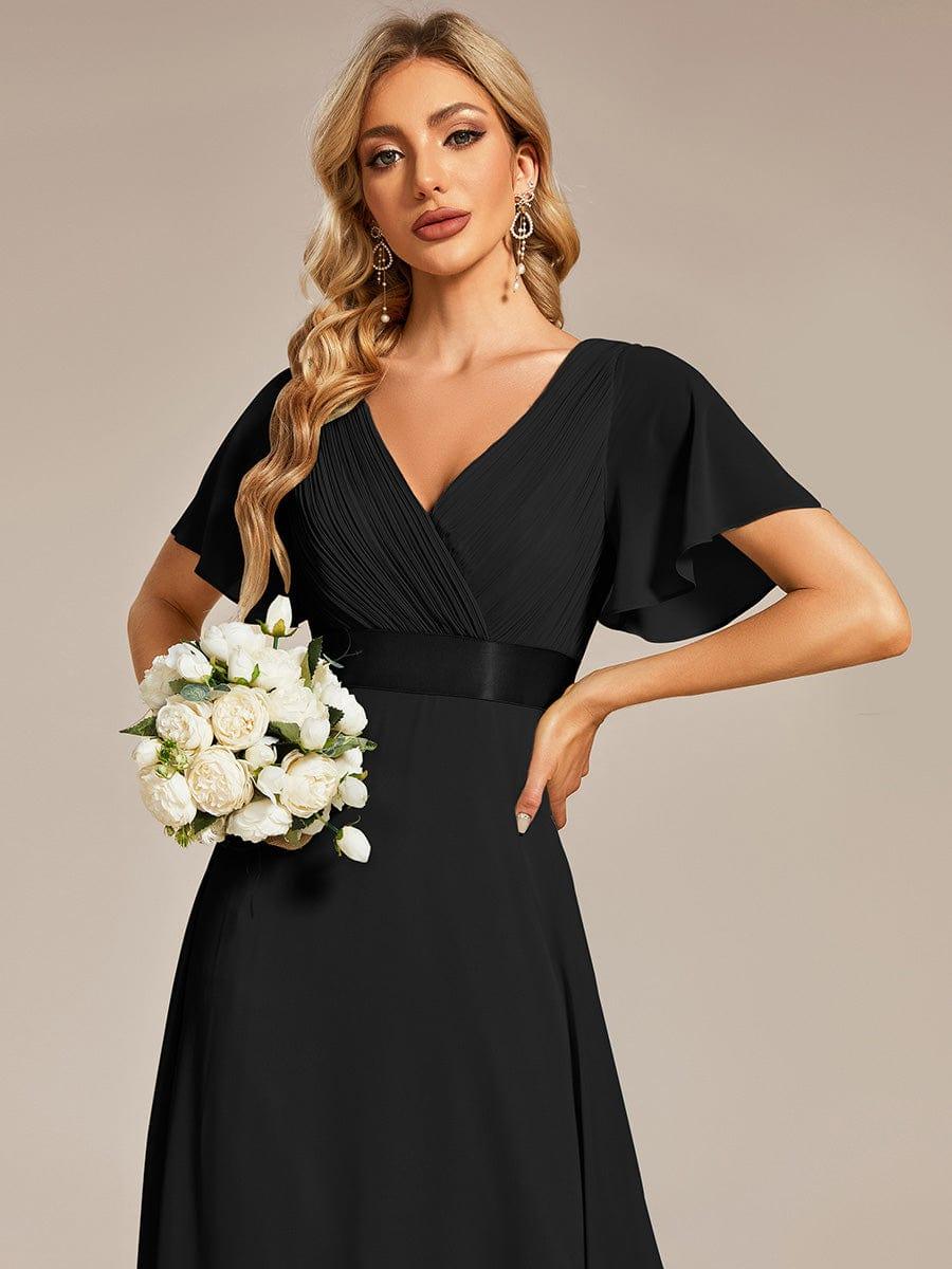 Long Empire Waist Bridesmaid Dress with Short Flutter Sleeves #color_Black