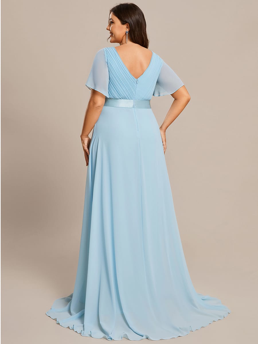 Long Empire Waist Bridesmaid Dress with Short Flutter Sleeves #color_Sky Blue