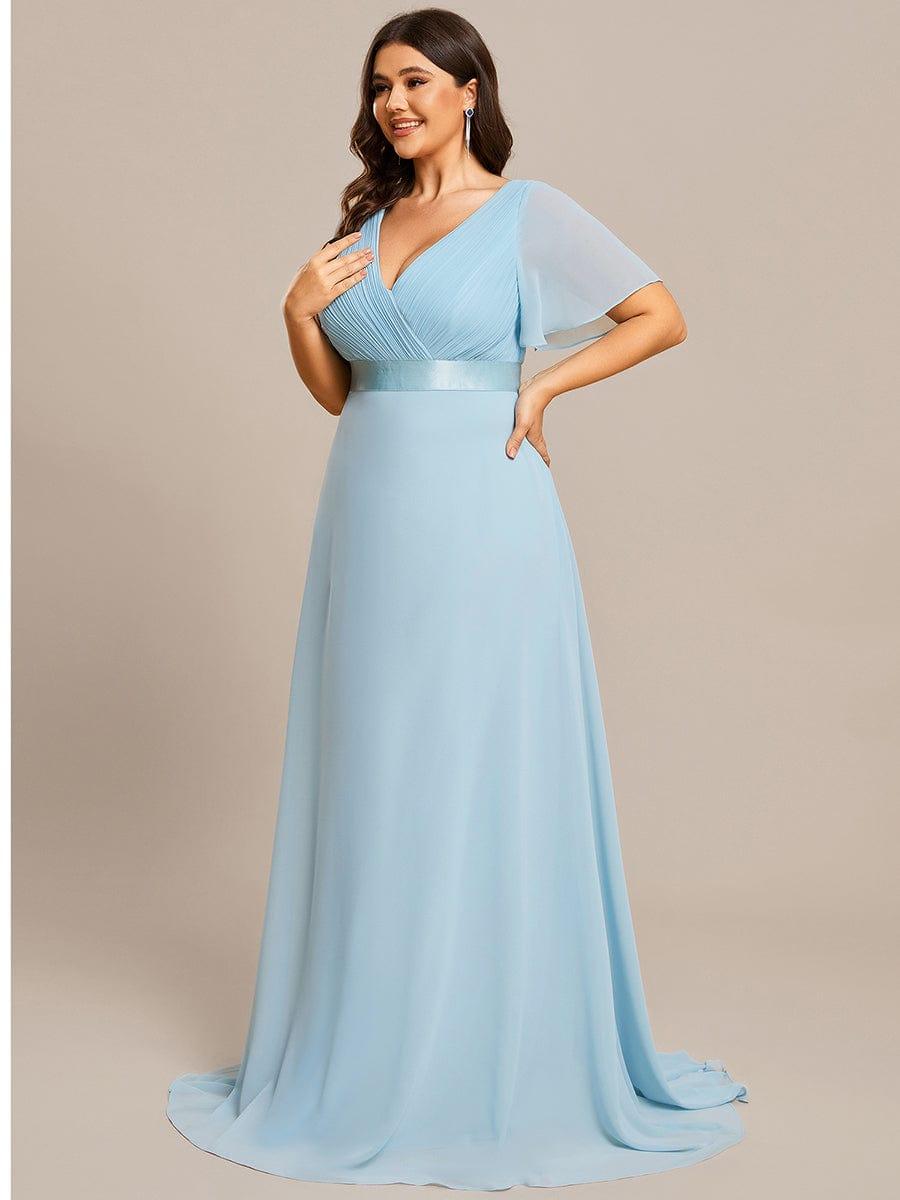 Long Empire Waist Bridesmaid Dress with Short Flutter Sleeves #color_Sky Blue