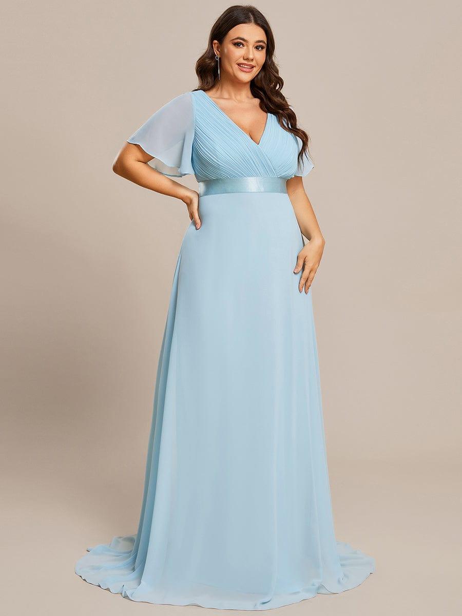Long Empire Waist Bridesmaid Dress with Short Flutter Sleeves #color_Sky Blue