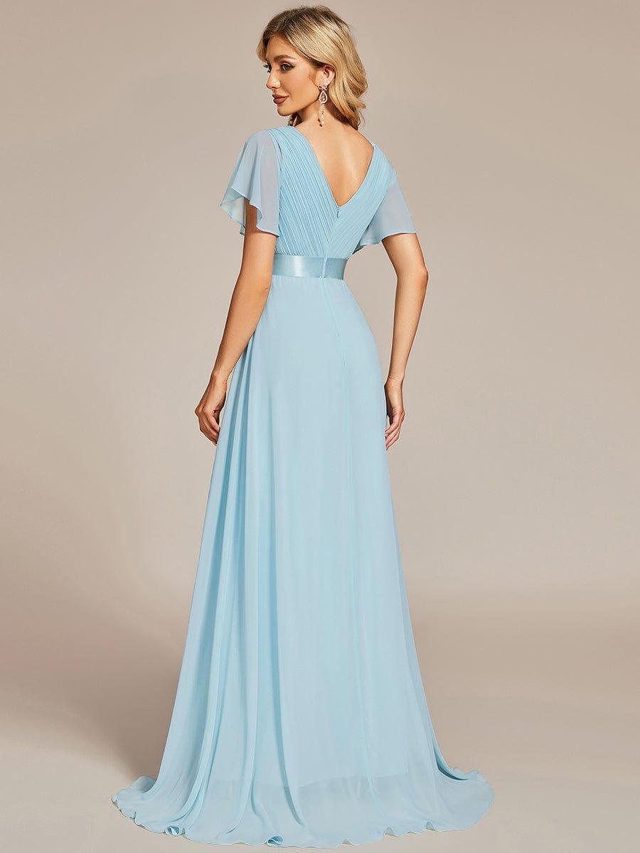 Long Empire Waist Bridesmaid Dress with Short Flutter Sleeves #color_Sky Blue