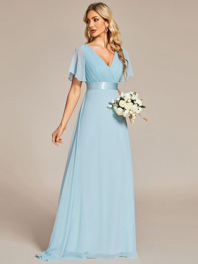 Long Empire Waist Bridesmaid Dress with Short Flutter Sleeves #color_Sky Blue