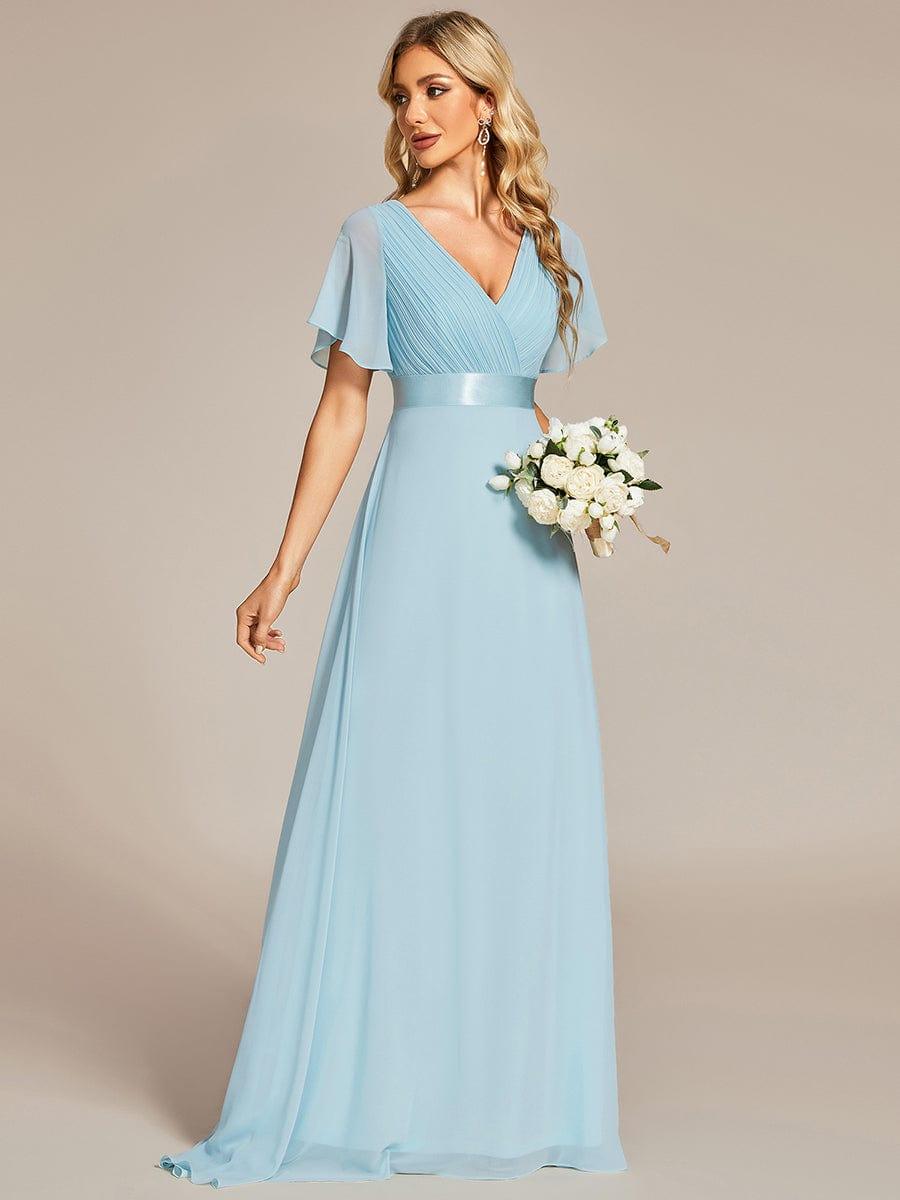 Long Empire Waist Bridesmaid Dress with Short Flutter Sleeves #color_Sky Blue