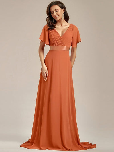 High Waist Short Sleeves Bridesmaid Dress #color_Brandied Melon