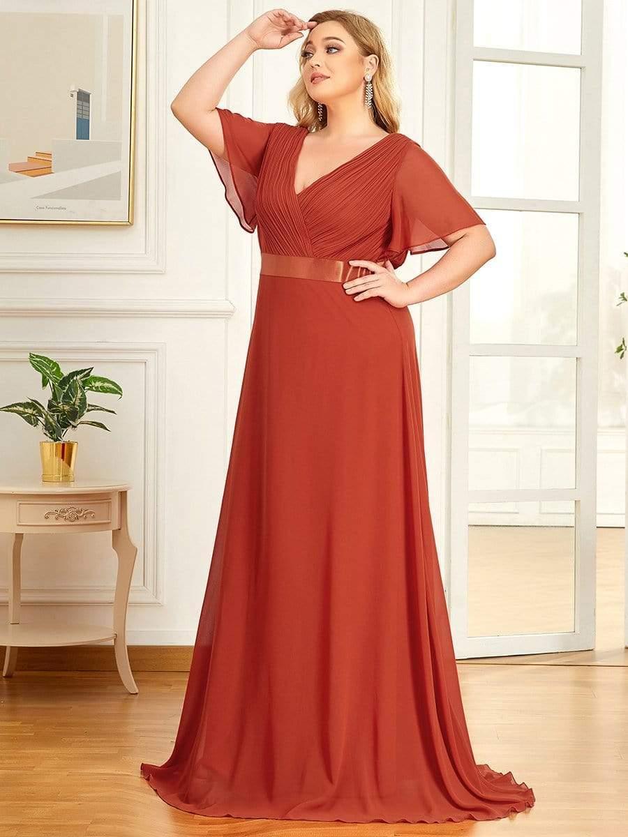 Long Empire Waist Bridesmaid Dress with Short Flutter Sleeves #color_Burnt Orange