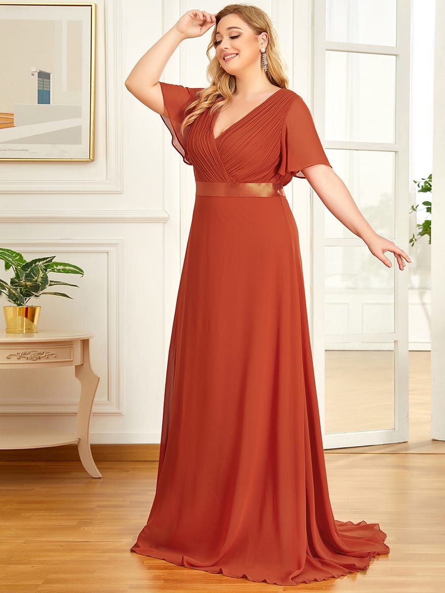 Long Empire Waist Bridesmaid Dress with Short Flutter Sleeves #color_Burnt Orange