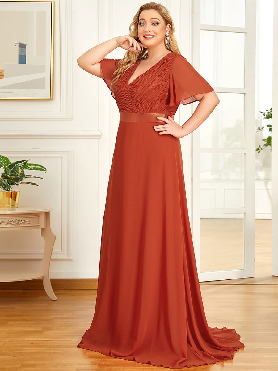Long Empire Waist Bridesmaid Dress with Short Flutter Sleeves #color_Burnt Orange