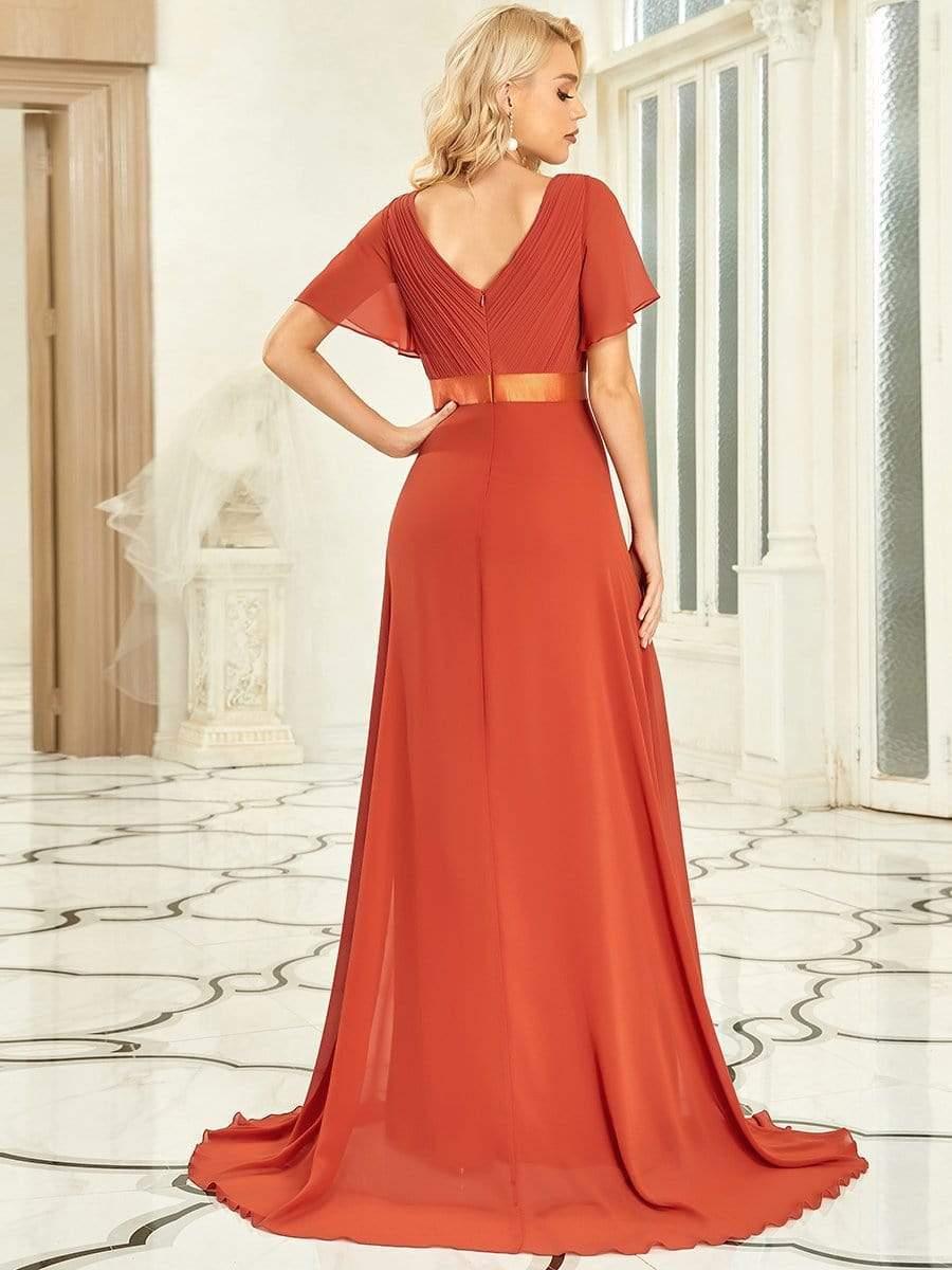 Long Empire Waist Bridesmaid Dress with Short Flutter Sleeves #color_Burnt Orange