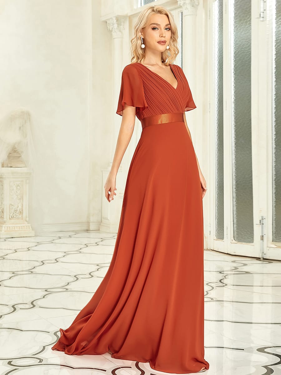 Long Empire Waist Bridesmaid Dress with Short Flutter Sleeves #color_Burnt Orange
