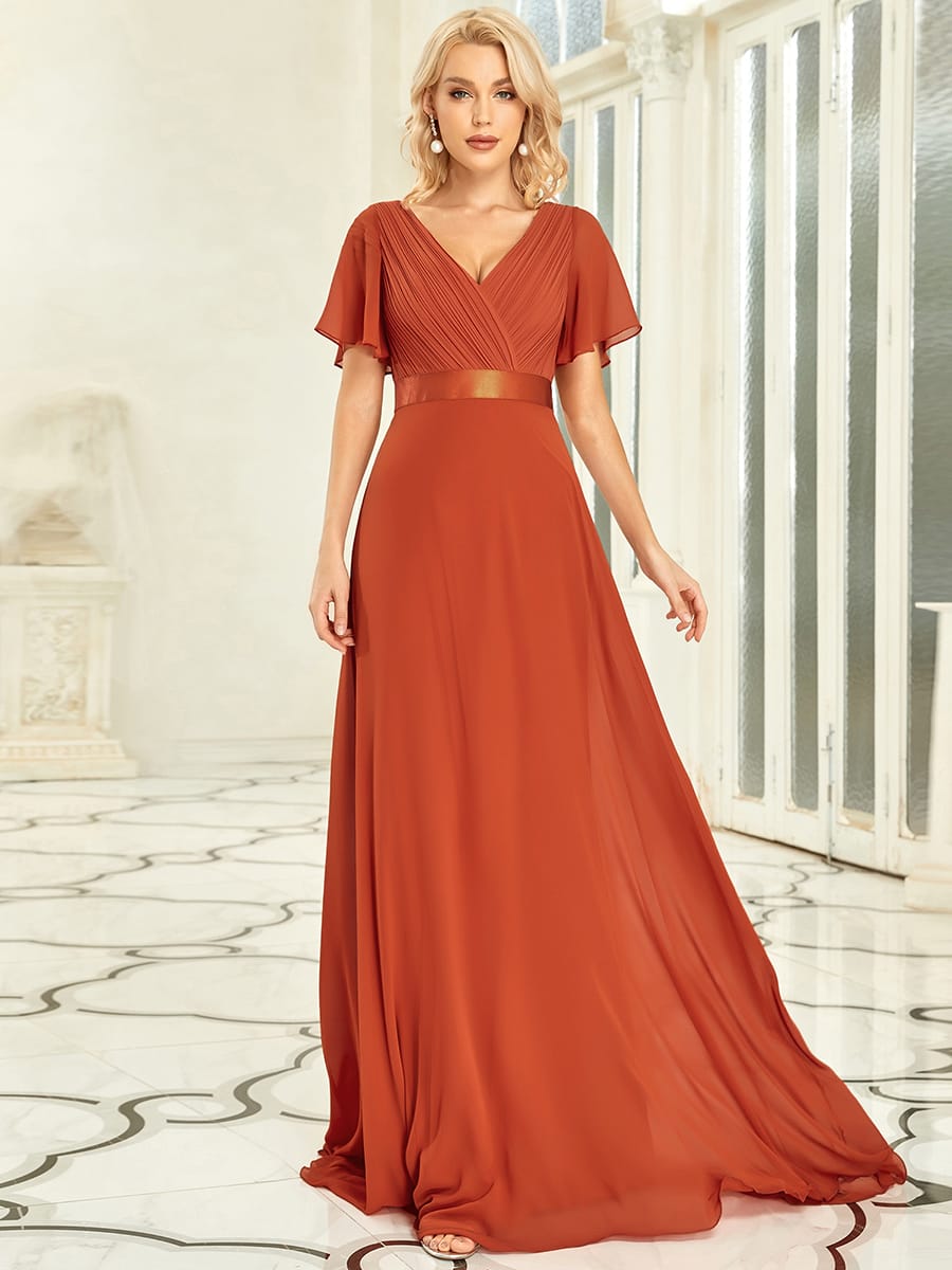 Long Empire Waist Bridesmaid Dress with Short Flutter Sleeves #color_Burnt Orange