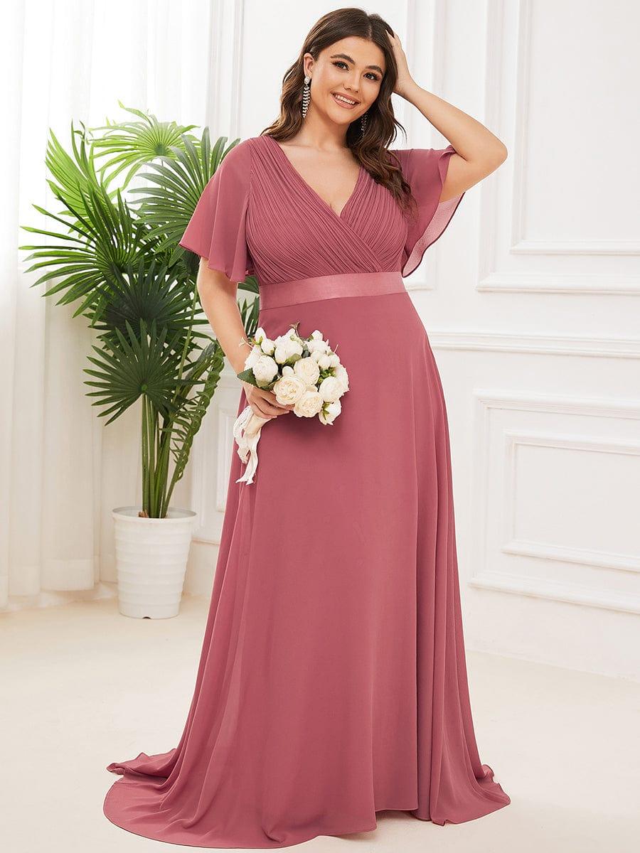 Plus Size Long Empire Waist Bridesmaid Dress with Short Flutter Sleeves #color_Cameo Brown