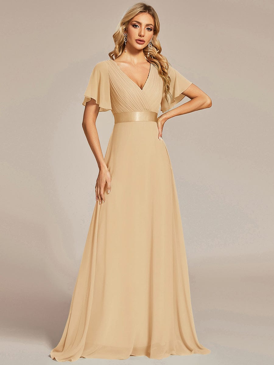 High Waist Short Sleeves Bridesmaid Dress #color_Champagne