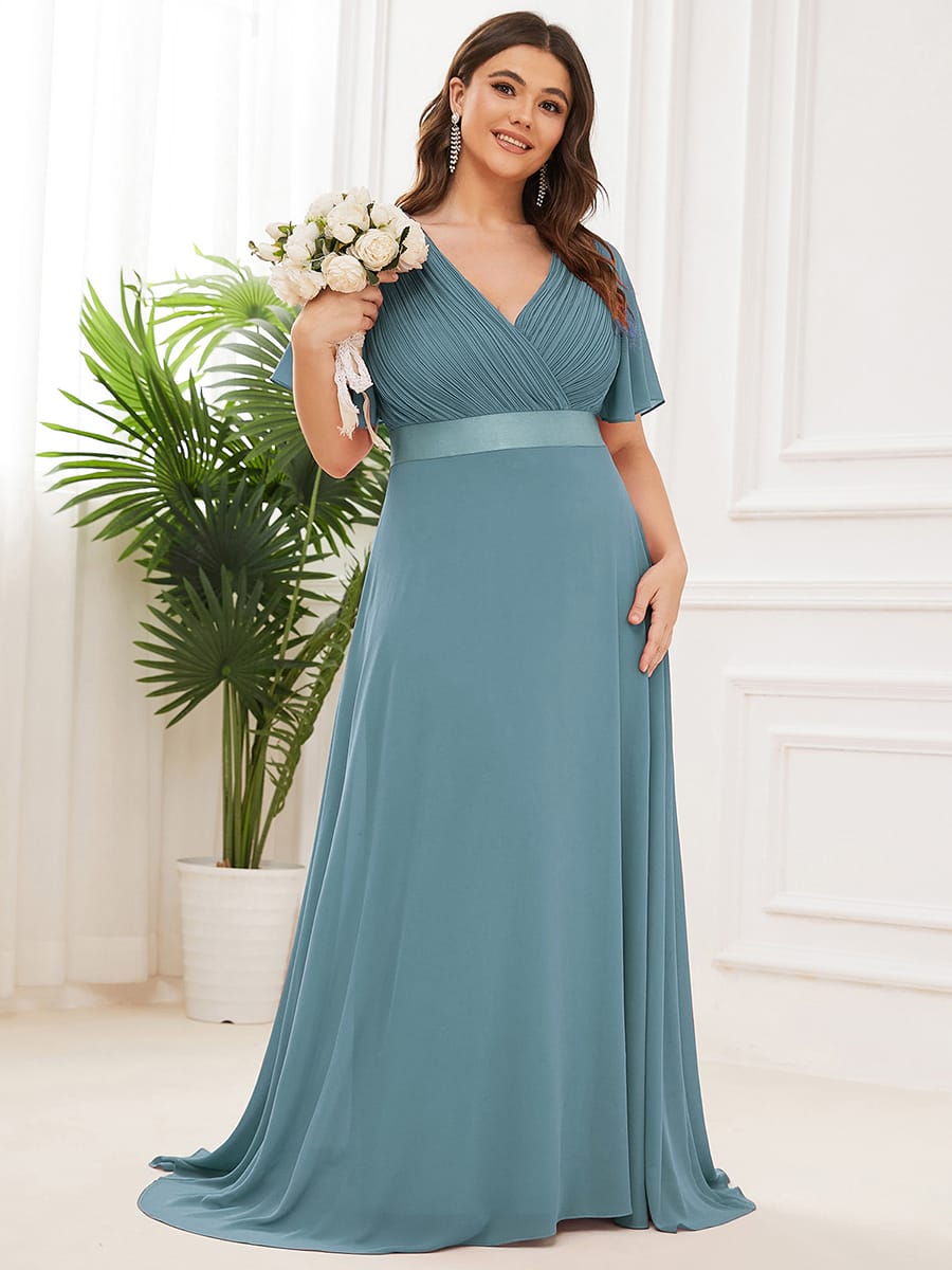 High Waist Maxi Chiffon Bridesmaid Dress with Short Sleeves #color_Light Teal