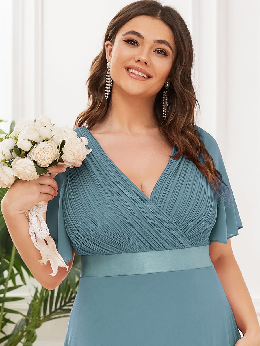 High Waist Maxi Chiffon Bridesmaid Dress with Short Sleeves #color_Light Teal