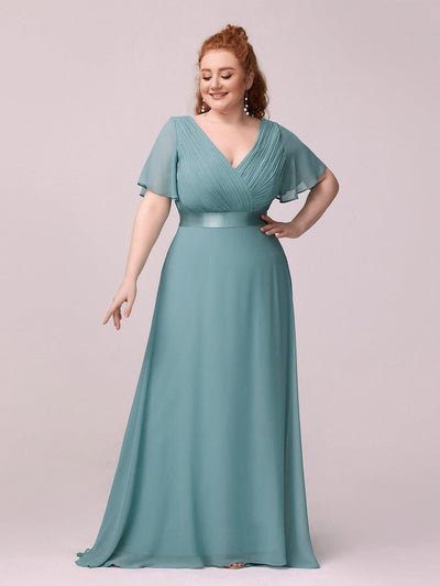 Plus Size Long Empire Waist Bridesmaid Dress with Short Flutter Sleeves #color_Light Teal