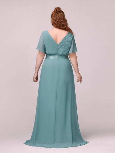 Plus Size Long Empire Waist Bridesmaid Dress with Short Flutter Sleeves #color_Light Teal