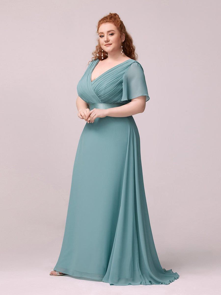 Plus Size Long Empire Waist Bridesmaid Dress with Short Flutter Sleeves #color_Light Teal
