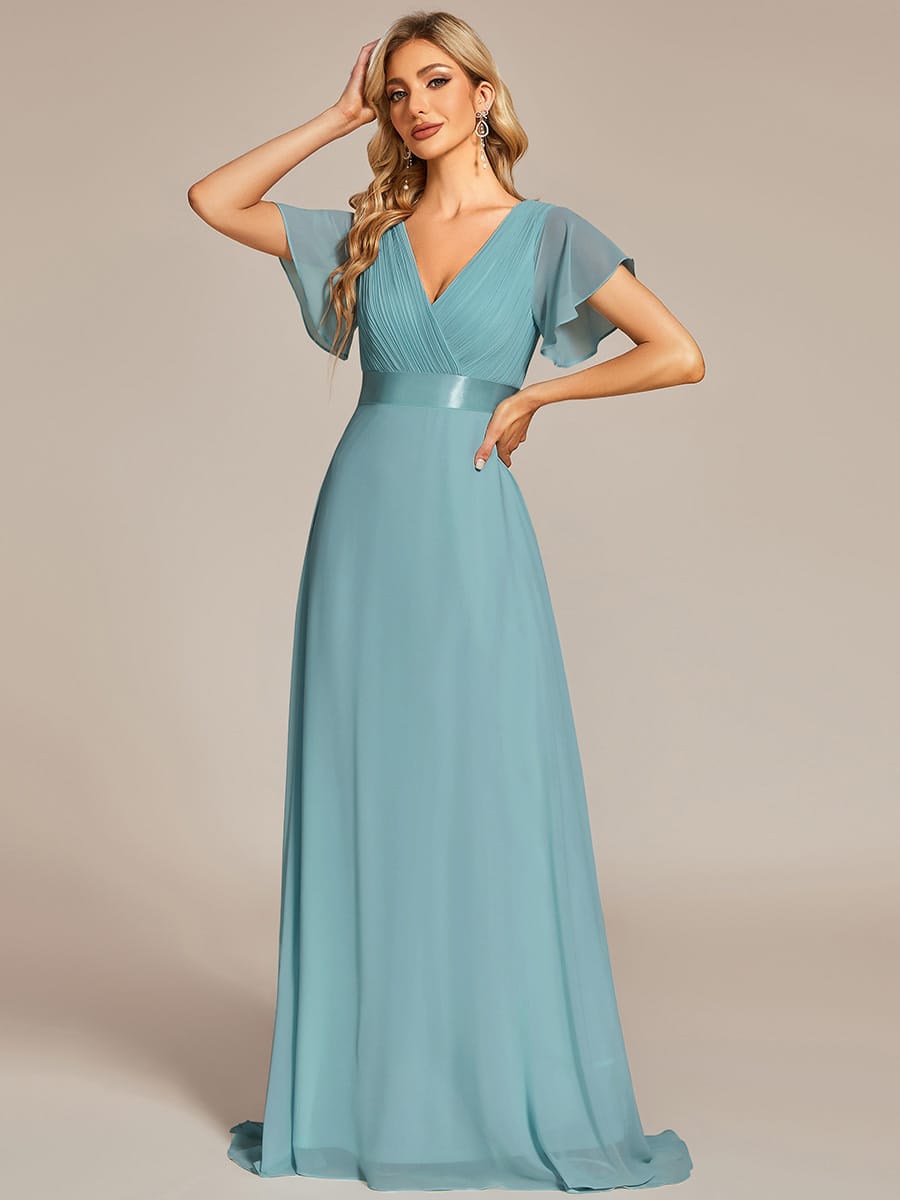 High Waist Short Sleeves Bridesmaid Dress #color_Light Teal