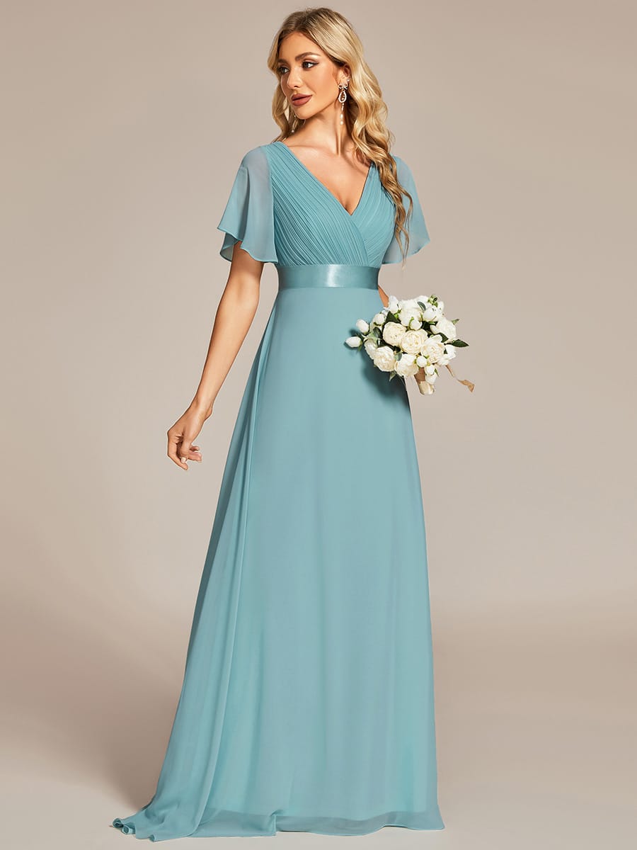 High Waist Short Sleeves Bridesmaid Dress #color_Light Teal