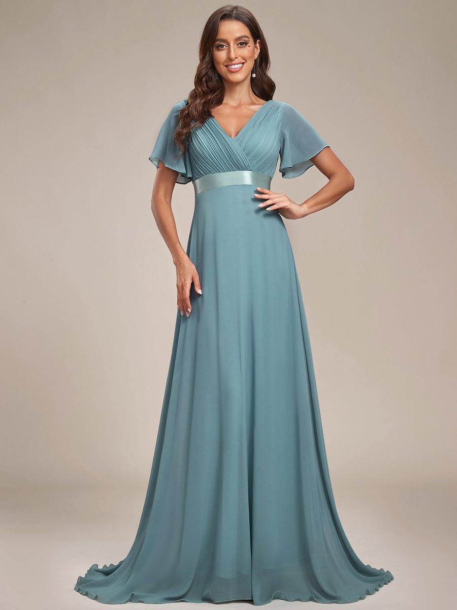 High Waist Short Sleeves Bridesmaid Dress #color_Light Teal