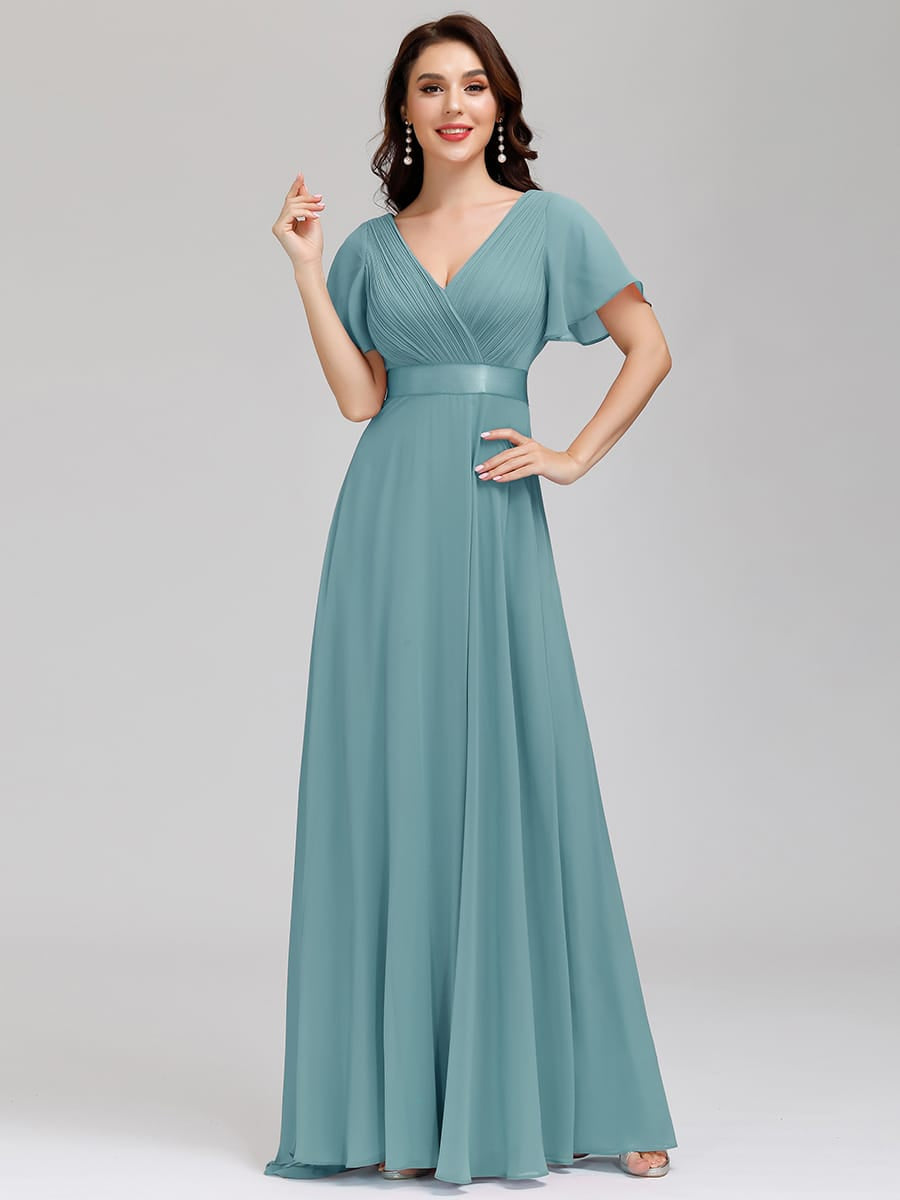 High Waist Short Sleeves Bridesmaid Dress #color_Light Teal