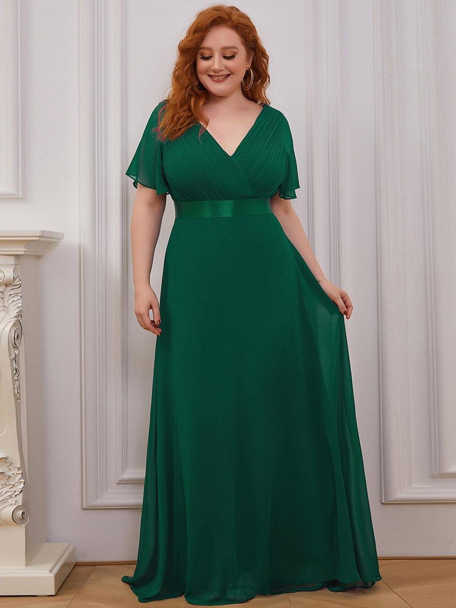 Empire Waist Floor Length Bridesmaid Dress with Short Flutter Sleeves #color_Dark Green