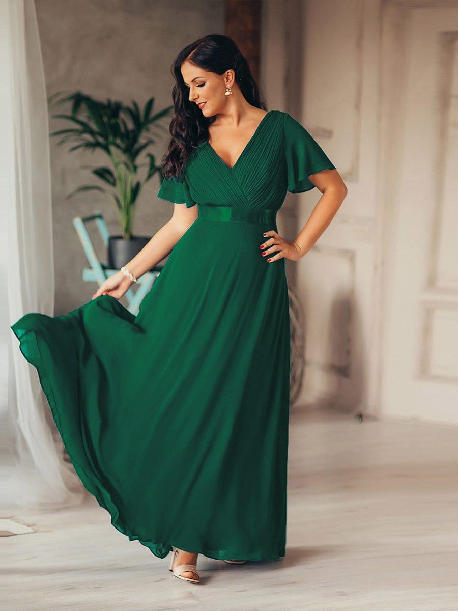 Empire Waist Floor Length Bridesmaid Dress with Short Flutter Sleeves #color_Dark Green