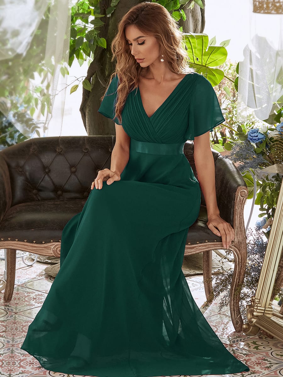 Long Empire Waist Bridesmaid Dress with Short Flutter Sleeves #color_Dark Green