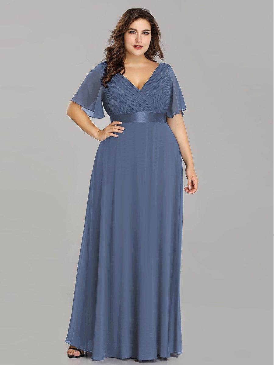 Empire Waist Floor Length Bridesmaid Dress with Short Flutter Sleeves #color_Dusty Blue