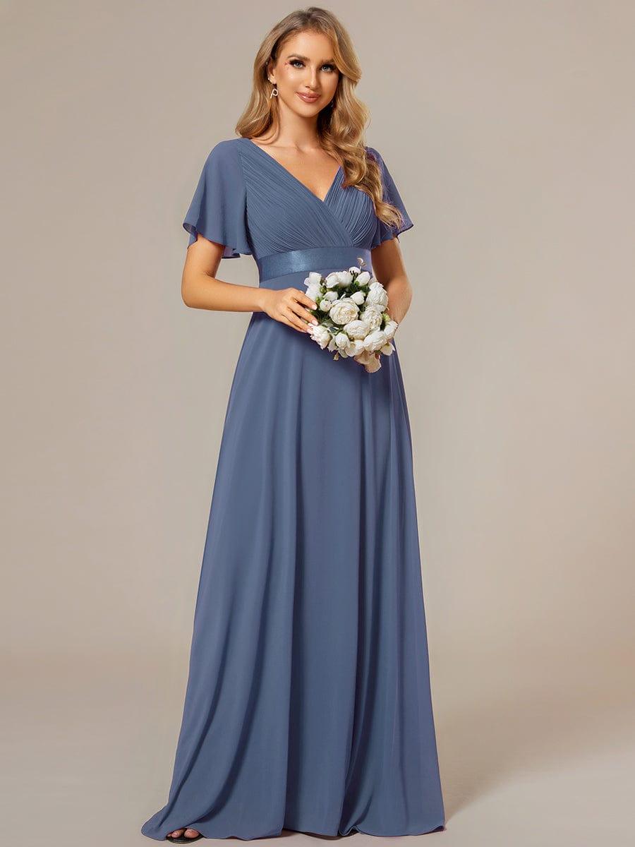 Empire Waist Floor Length Bridesmaid Dress with Short Flutter Sleeves #color_Dusty Blue