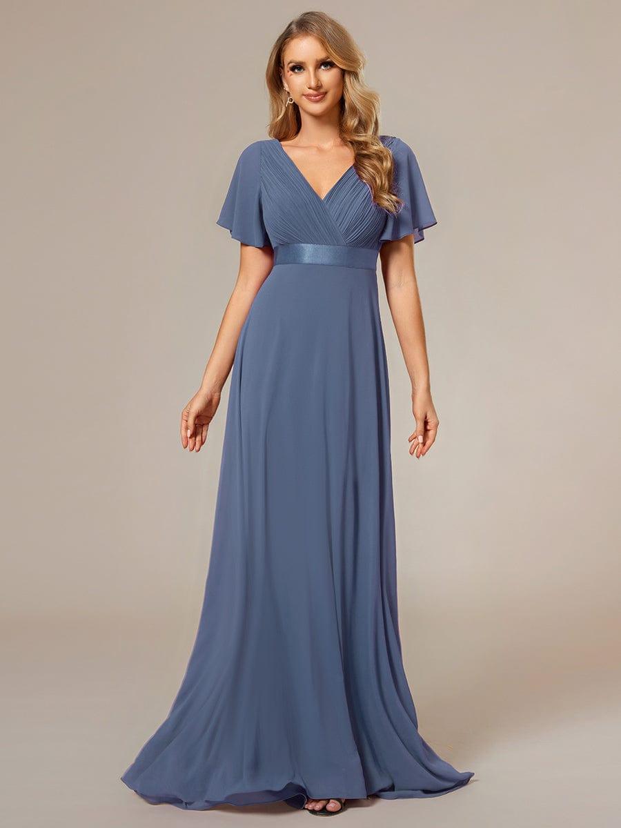 Empire Waist Floor Length Bridesmaid Dress with Short Flutter Sleeves #color_Dusty Blue