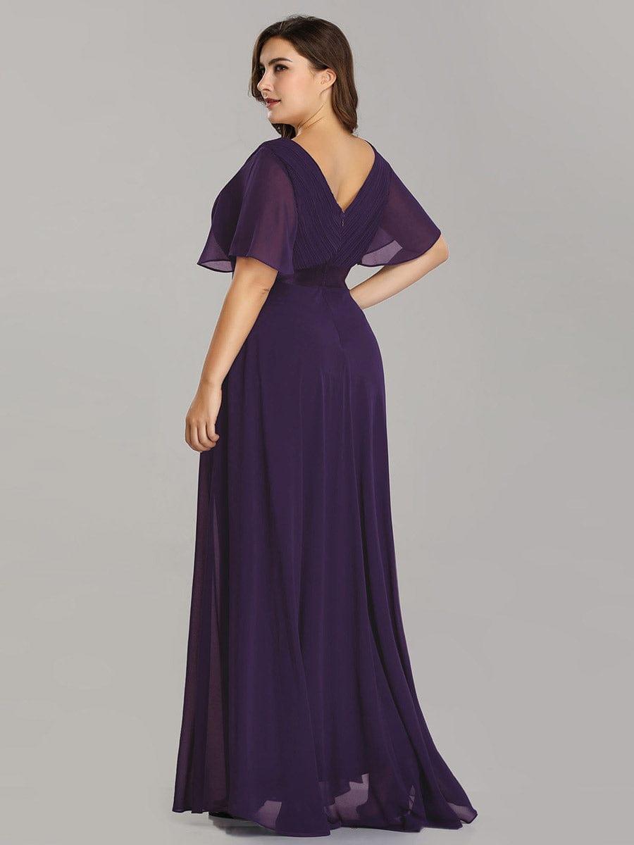 Long Empire Waist Bridesmaid Dress with Short Flutter Sleeves #color_Dark Purple