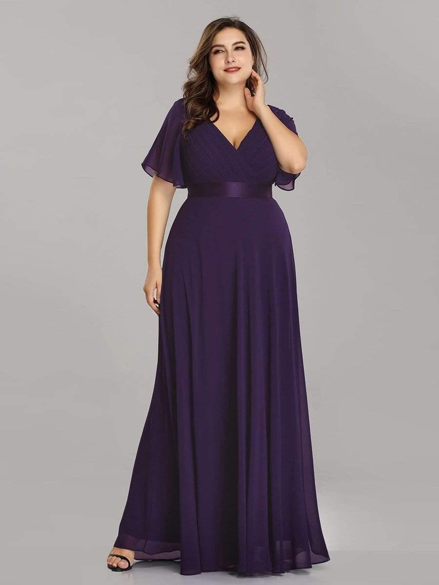 Long Empire Waist Bridesmaid Dress with Short Flutter Sleeves #color_Dark Purple