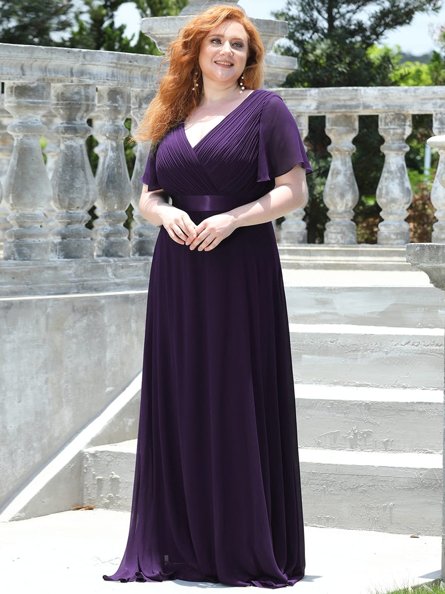 Long Empire Waist Bridesmaid Dress with Short Flutter Sleeves #color_Dark Purple